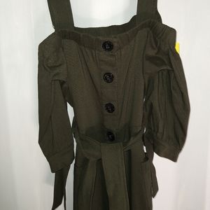 Lucca S Deep Olive Green Off Shoulder Pencil Dress